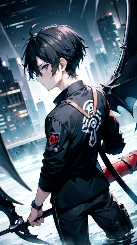 profile background, anime boy, serious face, black hair, grey eyes, black shirt with a kanji in the middle, bathing a black sword in his hand, with a blue dragon behind, high-res portrait, detailed eyes and face, character, fantasy, advanced urban, looking...