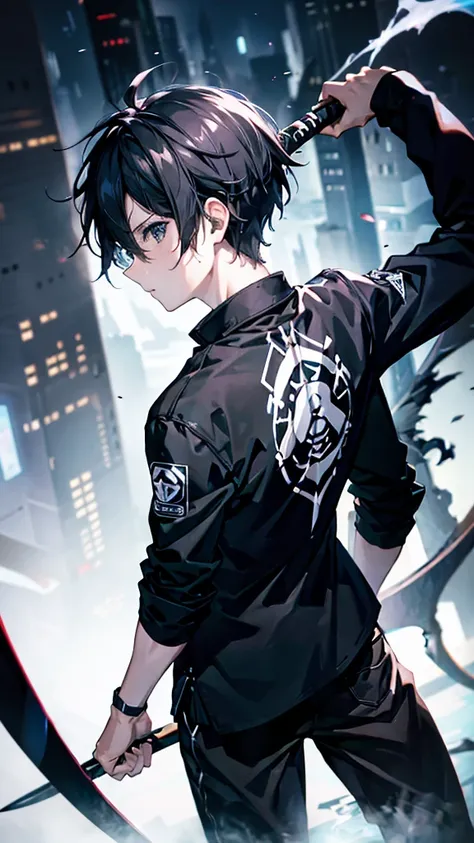 profile background, anime boy, serious face, black hair, grey eyes, black shirt with a kanji in the middle, bathing a black sword in his hand, with a blue dragon behind, high-res portrait, detailed eyes and face, character, fantasy, advanced urban, looking...