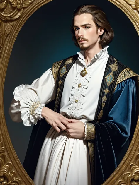 Portrait of Christopher Marlowe, piercing blue eyes, white skin, clean shaved, sharp jawline, silky golden-brown hair, clothes of Elizabethan era, black velvet doublet, white laced shirt, realism, high quality, Mucha style, Mucha background