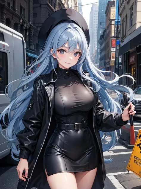 woman, long curry wavy blue hair, dark gray black eyes, independent woman, kind smile. mature woman. mafia. wear jacket