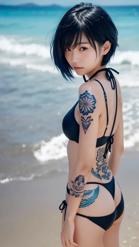 20-year-old，Japanese，woman，Cool look，Beauty，cute　((Tattoos from the neck down))，Black Bikini，Sandy beach background，Very Short Hair，Blue Hair