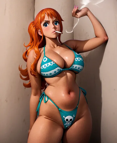 a cartoon picture of a woman in a bikini top and jeans, nami one piece, nami from one piece, nami, beautiful portrait of nami, from one piece, oppai, blue eyes, smoking, ponytail, nsfw