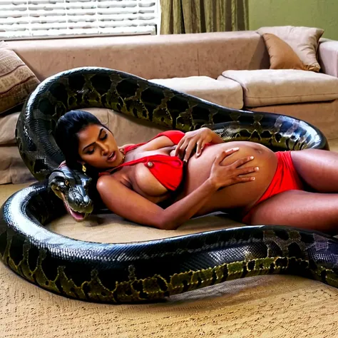 Pregnant bikini aroused horny beautiful Indian young teen girl vs Giant colossal black titanboa monster wrapped around her body squeezing her in coiled embrace cuddling and kissing sexual erotic  sex realistic snake tongue kissing, vaginal penetration , sn...