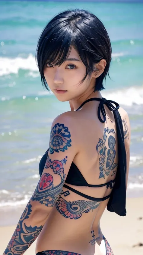 20-year-old，Japanese，woman，Cool look，Beauty，cute　((Tattoos from the neck down))，Black Bikini，Sandy beach background，Very Short Hair，Blue hair color