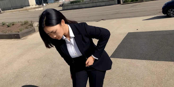 A woman in a suit is bowing