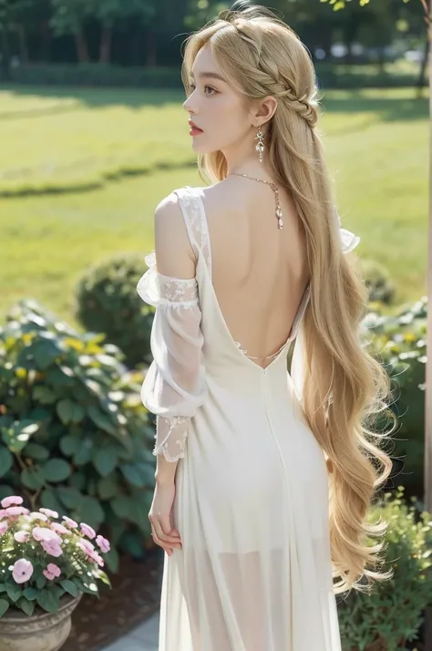 (((best quality))), (((ultra detailed))), (((masterpiece))), illustration,((1 beautiful little girl,solo,angel)),((fair skin,shoulder length straight blonde hair,blue eyes)),((slim,thin)),(earrings,crystal necklace),((bare back,towering hips,butt crack)),j...