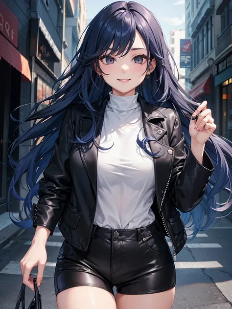 woman, long curry wavy blue hair, dark gray black eyes, independent woman, kind smile. mature woman. mafia. wear jacket. girl boss.