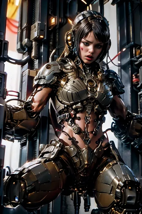 a full-length figure of a cool girl wearing a detailed steampunk armored suit. exposed wiring, lots of cords and tubes connectin...