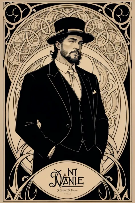 1man, art nouveau style, heavy ink lines, he is wearing a hat, men&#39;s fashion clothes, miscellaneous cord on the neck, full b...