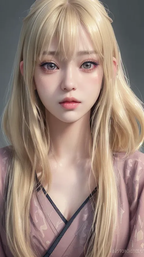 A beautiful blonde Japanese woman with a fringe, wearing a grunge outfit, feminine, cute, with large eyes and full lips, detailed face, detailed eyes, detailed lips, (best quality,4k,8k,highres,masterpiece:1.2),ultra-detailed,(realistic,photorealistic,phot...