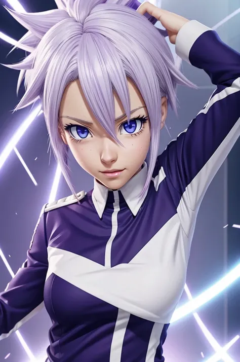 Screenshot anime My hero academia light-skinned woman, white hair with purple highlights, Light blue eyes, slanted eyes full body, with UA uniform