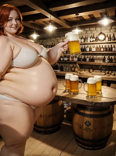 A happy photo of a young beautiful redhead bbw wife with short ginger hair soft fat belly, very wide fat obese hips, thick fat wide legs and fat arms, cute pretty face, small breasts, blue eyes, freckles, holding up a beer in a white bikini, in a beer cell...