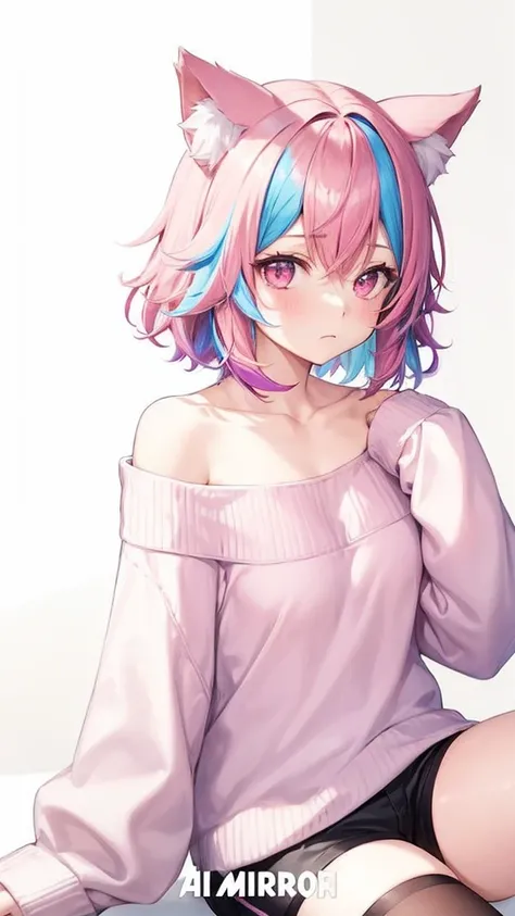 1girl, solo, looking at viewer, short hair, brown hair, thighhighs, long sleeves, animal ears, sitting, collarbone, pink hair, multicolored hair, shorts, cat ears, off shoulder, sweater, streaked hair, sleeves past wrists, black shorts, :<, off-shoulder sw...