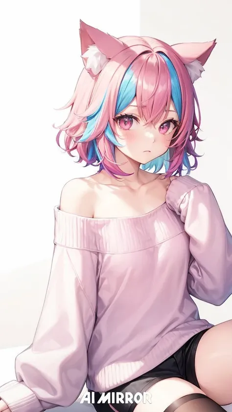 1girl, solo, looking at viewer, short hair, brown hair, thighhighs, long sleeves, animal ears, sitting, collarbone, pink hair, multicolored hair, shorts, cat ears, off shoulder, sweater, streaked hair, sleeves past wrists, black shorts, :<, off-shoulder sw...