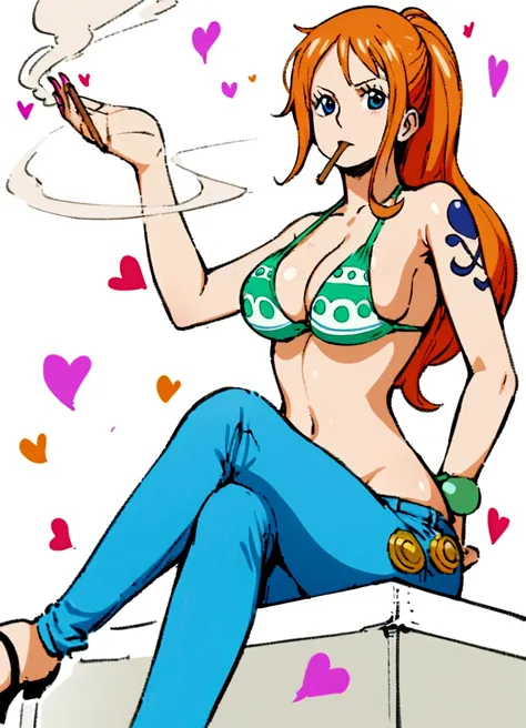 a cartoon picture of a woman in a bikini top and jeans, nami one piece, nami from one piece, nami, beautiful portrait of nami, from one piece, oppai, blue eyes, smoking, ponytail, nsfw