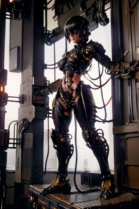 a full-length figure of a cool girl wearing a detailed steampunk armored suit. exposed wiring, lots of cords and tubes connectin...