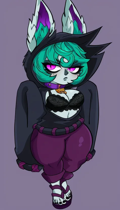 VexLoLXL, yordle, shortstack, pink eyes, green hair, bangs, short hair, grey skin, colored skin, black hood, hood up, ears through headwear, white animal ears, black shirt, purple collar, golden ornament, long sleeves, sleeves past wrists, purple pants, sa...