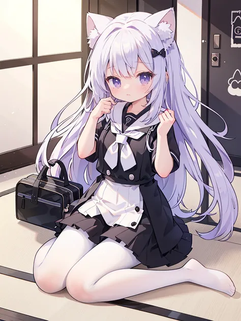 a girl student，Purple Eyes，white hair，sitting，In the hallways of the school，Shy cat girl，wariza，thigh，Black dress，mini skirt，Short sleeve，Has cat ears，Shy，whole body，Raise your hand，Black or white pantyhose