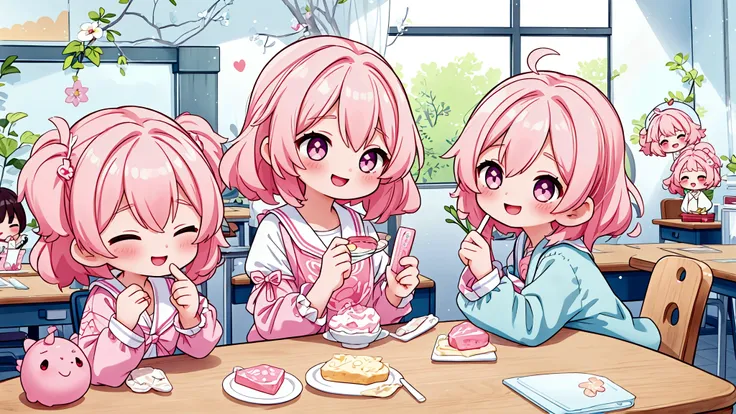 background: Soft pastel colours as the base、backgroundは無地で

キャラクター: Pink haired girl in a white dress、They seem to be having fun in the classroom and at the cafe.。Smiling with sweets in hand。

atmosphere: It&#39;s like a snapshot of youth pursuing love and...