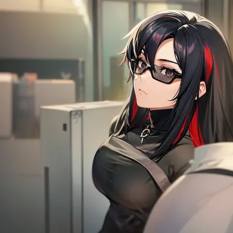 screenshot, screencap, facial features of an adult, Black eyes, adult, female, She wears flat Oakley glasses, she has long wavy Black hair with Red streaks at the ends, she has a little eyeliner on her eyelashes, She wears accessories such as: earrings, ne...