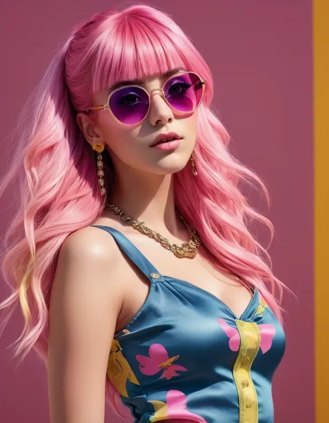 (photorealistic:1.4), best quality, masterpiece, ultra high res, 1girl, (detailed face:1.2), (detailed eyes:1.2), (detailed long pink hair:), (detailed clothes:1.2), 4k, (detailed color:1.2), glasses, earring, pink hair,yellow background,shadow effect,rock...