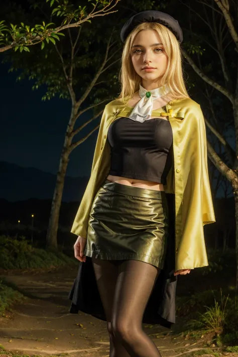 1 girl, best quality, ((Miyo)), tarankaaa, perfect face, beautiful smile, 30 years old, ((ascot,uniform, black skirt, cross, ribbon, gold blonde hair, emerald, beret, cape, pantyhose, shirt cover the skirt)), ((perfectly drawn hands)), perfect body, bare t...