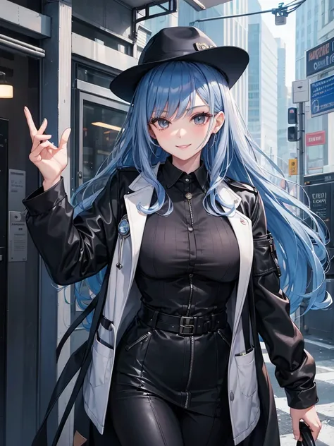 woman, long curry wavy steel blue hair, dark gray black eyes, independent woman, kind smile. mature woman. mafia. wear jacket. girl boss. doctor.