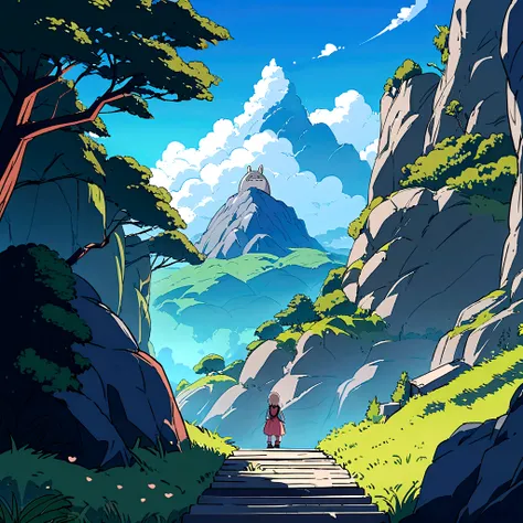 Prefeito, nature landscape, big mountain with stairs leading up to totoro like character, small girl standing before the stairs, clear blue sky with clouds