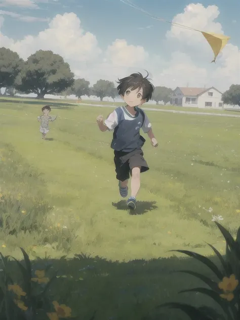 Wide sky and grass，The characters in the picture are very small，A young boy running on the lawn，Kite string in hand，Holding the kite high in the sky behind me。