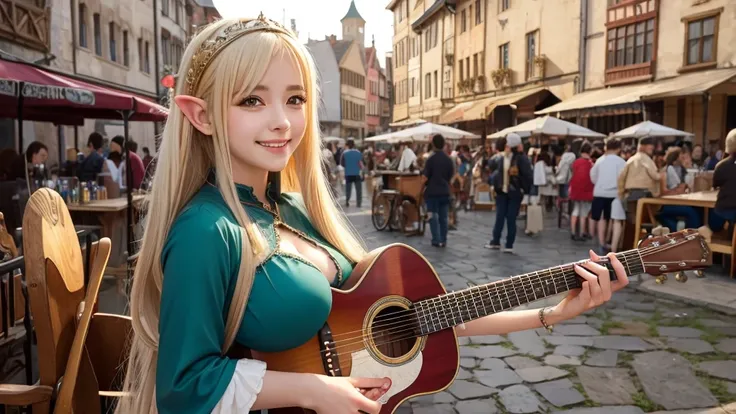 Anime Style,Nostalgic,Detailed background,The medieval world,In a busy square with many people,Smiling bard beautiful elf girl,guitar,Large Breasts,Underarm