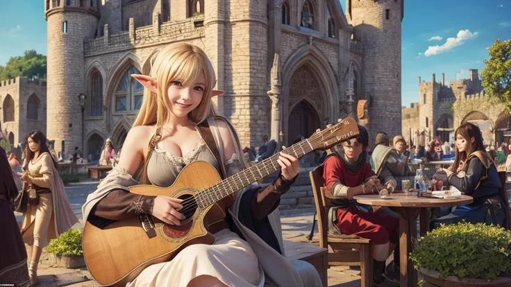 Anime Style,Nostalgic,Detailed background,The medieval world,In a busy square with many people,Smiling bard beautiful elf girl,guitar,Large Breasts,Underarm