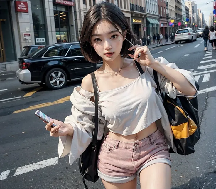 Beautiful woman, fiddling with cell phone in the middle of the street, short clothes