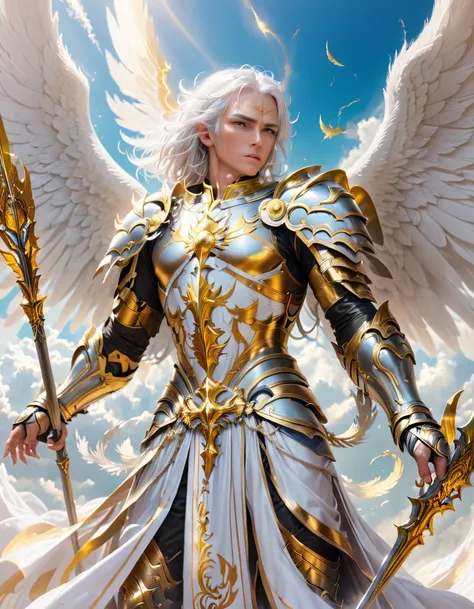 a god with golden armor. with furious wings. fly in the sky. white hair. men. a staff in his hand.