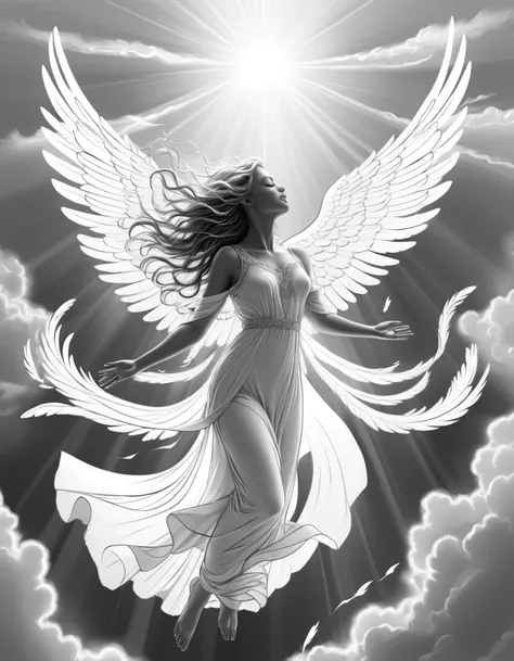 ((sketch, lineart)), Line art of an angel falling gracefully through the sky. The angels wings are spread wide, with feathers detailed in elegant, flowing lines. Her hair streams behind her as she falls, and her expression is serene and peaceful. The backg...