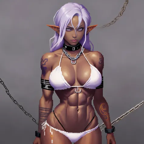 ((pixel art))((1 girl)) whole body, standing, gray skin, drow, elf, maduro, purple eyes, by white, black bikini, ABS, Large knockers, tattered rags, chain collar, stomach tattoo (red tattoo)