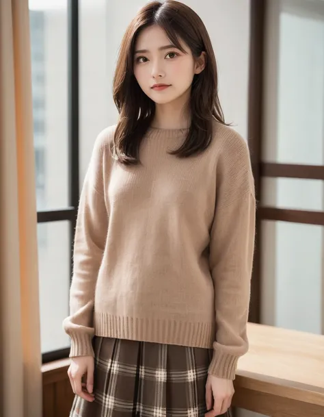 Japanese women, cute, (avert your eyes:2),(Old-fashioned smile:0.7),
(Dark brown eyes, pupil, Light in your eyes:1.5),
(Long Bob Hair),(whole body),
(Dark brown loose knit sweater,(Tucked-out sweater:3), (Pulling on a sweater:3)),(Checked long skirt),
(In ...