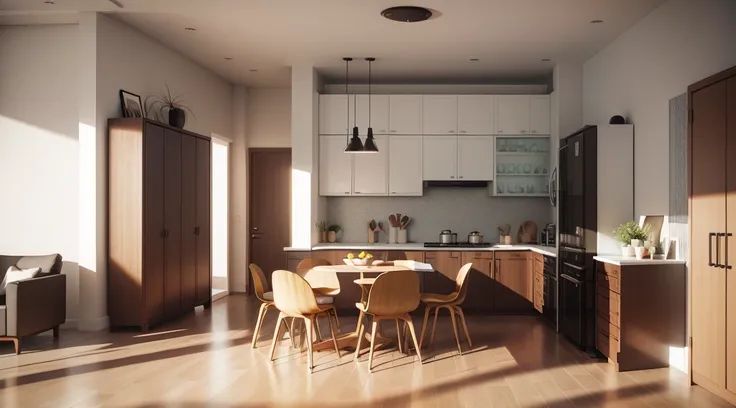 Simple kitchen with several shelves to place plates and glasses, yellow chair, dark wood for all doors, white kitchen cabinet up to ceiling, , some plant and flowers, octane render 3D