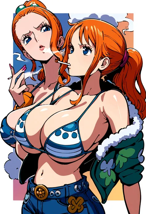 a cartoon picture of a woman in a bikini top and jeans, nami one piece, nami from one piece, nami, beautiful portrait of nami, from one piece, oppai, blue eyes, smoking, ponytail, nsfw