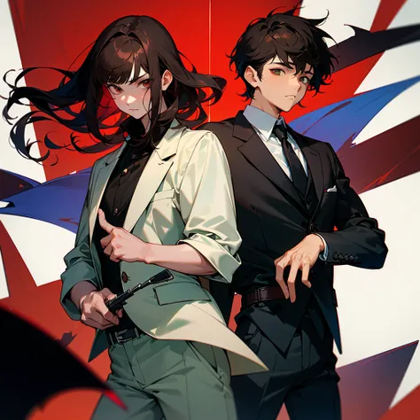  A boy with black hair and red locks in a mafia suit, a gun, brown eyes and white skin.
Next to the boy, a girl with dark brown hair (too much), green eyes and white skin, blue locks, matching black blouse and shorts, loose hair, not too short and bangs an...