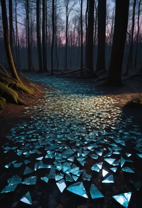 A shadowy forest at twilight, with fragments of broken glass scattered on the ground, symbolizing a shattered life