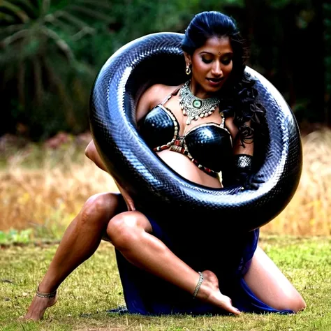  Pregnant  Happy Horny, aroused 1girl), beautiful kneeling indian young teen belly dancer girl  with  giant colossal black titanboa squeezing her hard, wrapped in thick spiraling coils, constricted, struggle, gasping for air, snake attack, snake peril, moo...