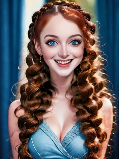 (Best quality, 4K, 8K, A high resolution, Masterpiece:1.2), Ultra-detailed, Realistic portrait of an 18 year old aristocratic girl, Exquisite facial features，Long brown curly hair details expressed, The posture is leisurely and natural，Graceful posture, Dr...