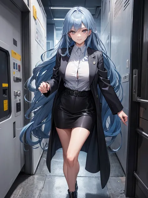 woman, long curry wavy steel blue hair, dark gray black eyes, independent woman, kind smile. mature woman. mafia. wear jacket. girl boss. doctor.