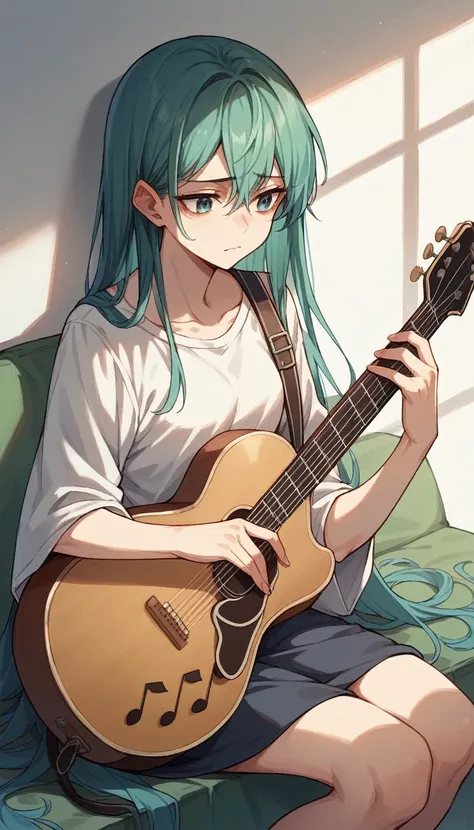 Anime illustration，create、Music goddess playing acoustic guitar、A strong and gentle atmosphere、Somehow a sad atmosphere