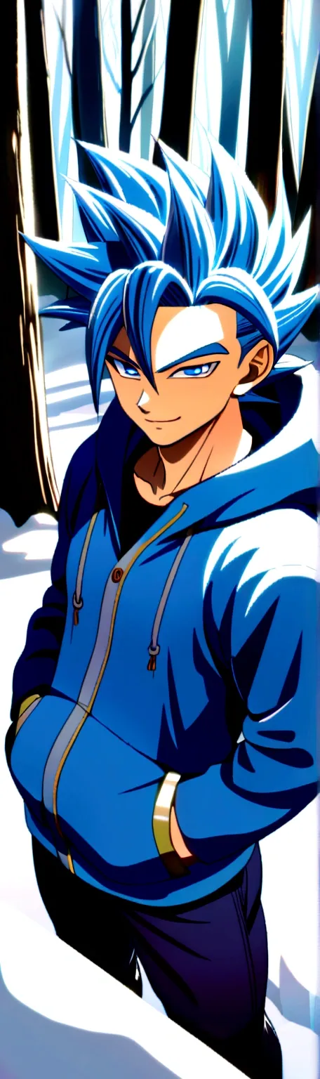 1 man, mid 20s, handsome, hot, (saiyan spiky hair),(silver blue ombre hair), (blue jacket with fluffy hood, blue belt, martial a...