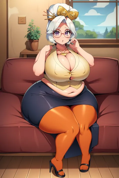 masterpiece, best quality, purah, red glasses, hair ornament, sleeveless shirt, black skirt, orange leggings, high heels, sitting, from front, looking at viewer, smile, wide hips, thick thighs, huge ass, chubby, cleavage, mature mom,