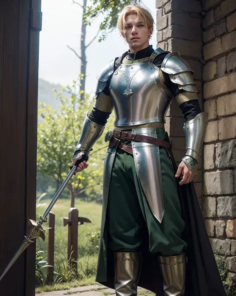 Male Youth with blonde hair, brown eyes and fair skin, wearing green medieval knight armor and gray trousers, gauntlets and boots, weilding spear, fullbody, medieval background, muscular