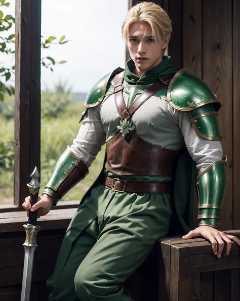 Male Youth with blonde hair, brown eyes and fair skin, wearing green medieval knight armor and gray trousers, gauntlets and boots, weilding spear, fullbody, medieval background, muscular