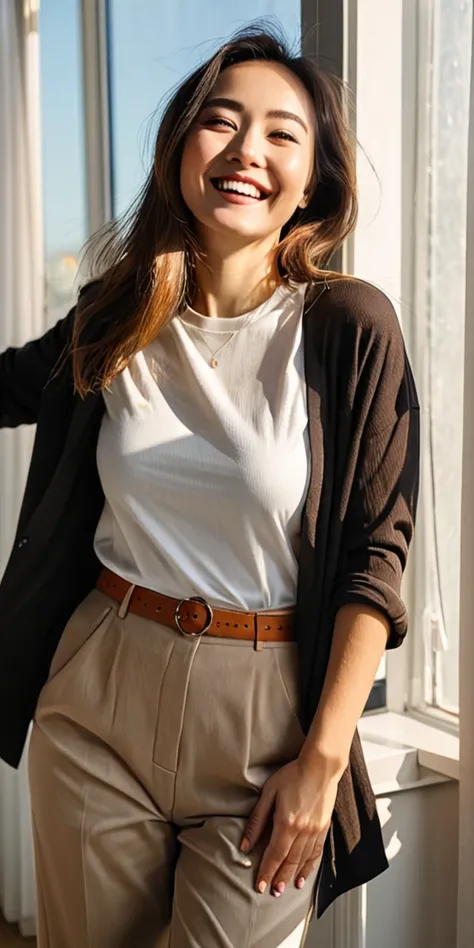 Beautiful woman is happy when she looks at the sunlight coming out of the window 