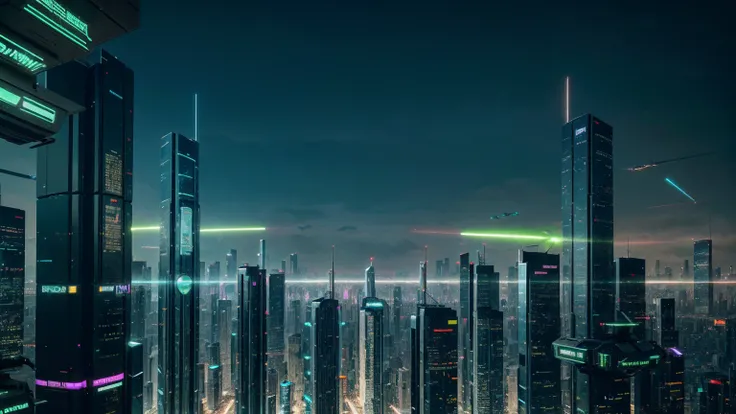 A futuristic green city, advanced cyberpunk metropolis, ultramodern skyscrapers, neon-lit streets, flying cars, holograms, robots, artificial intelligence, lush parks and gardens, clean energy technology, utopian society, vibrant colors, dramatic lighting,...